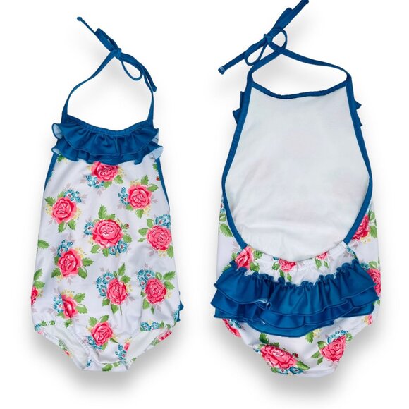 Oopsie Daisy Girls Low Back Ruffle Bum Floral Halter Tie One Piece Swimsuit 5 - Picture 1 of 14